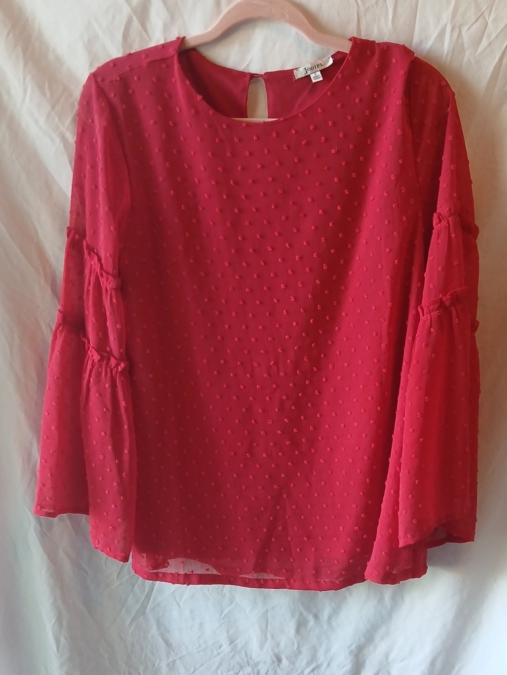 Jodifl Raspberry Red Swiss Dot Bell-Sleeve Blouse